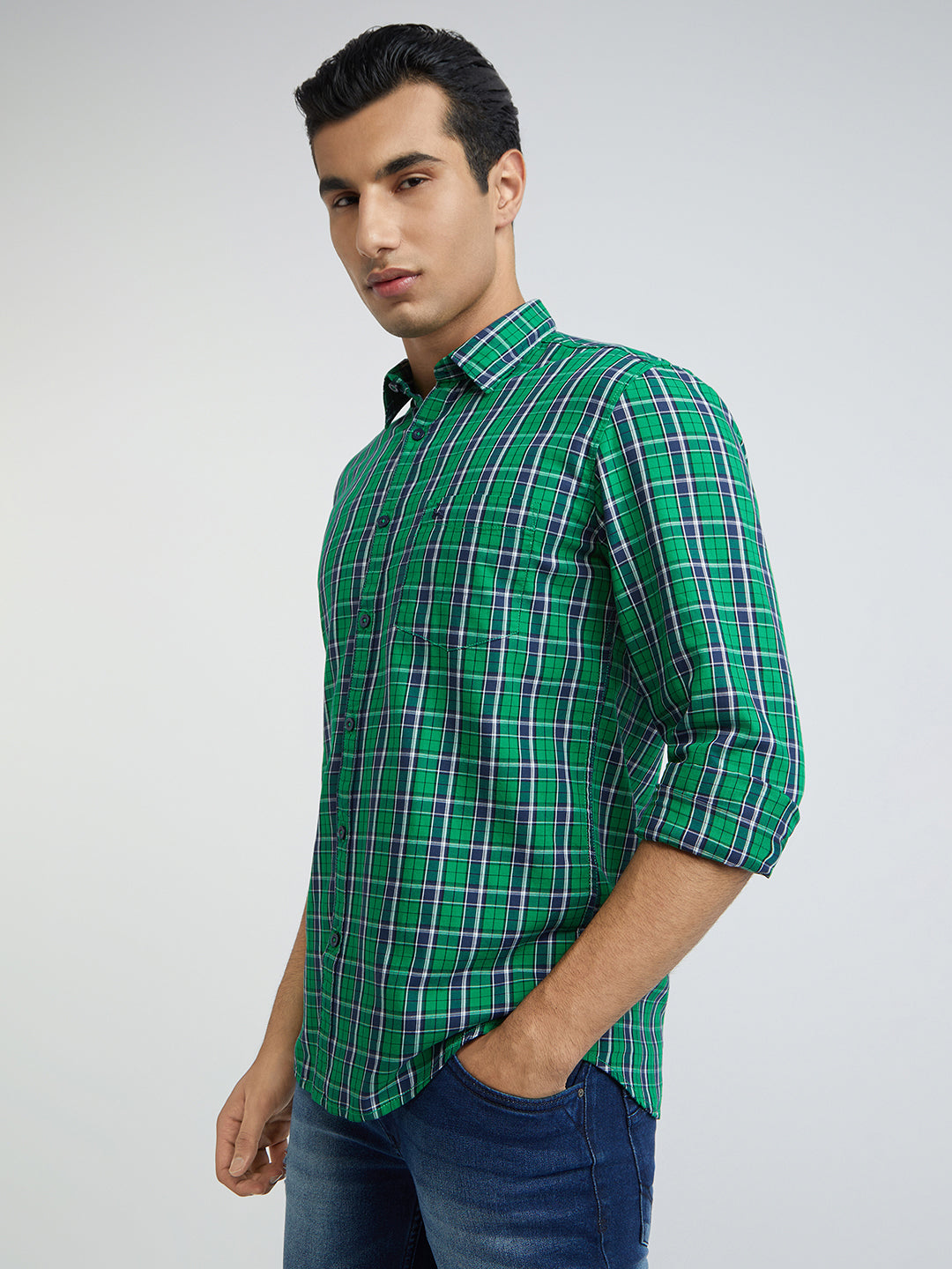 Parx Men Green Checks Slim Fit Cotton Full Sleeve Shirts