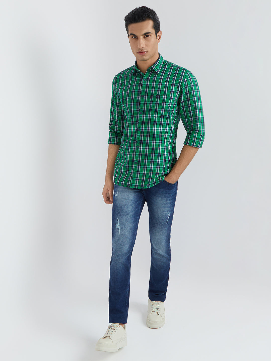 Parx Men Green Checks Slim Fit Cotton Full Sleeve Shirts