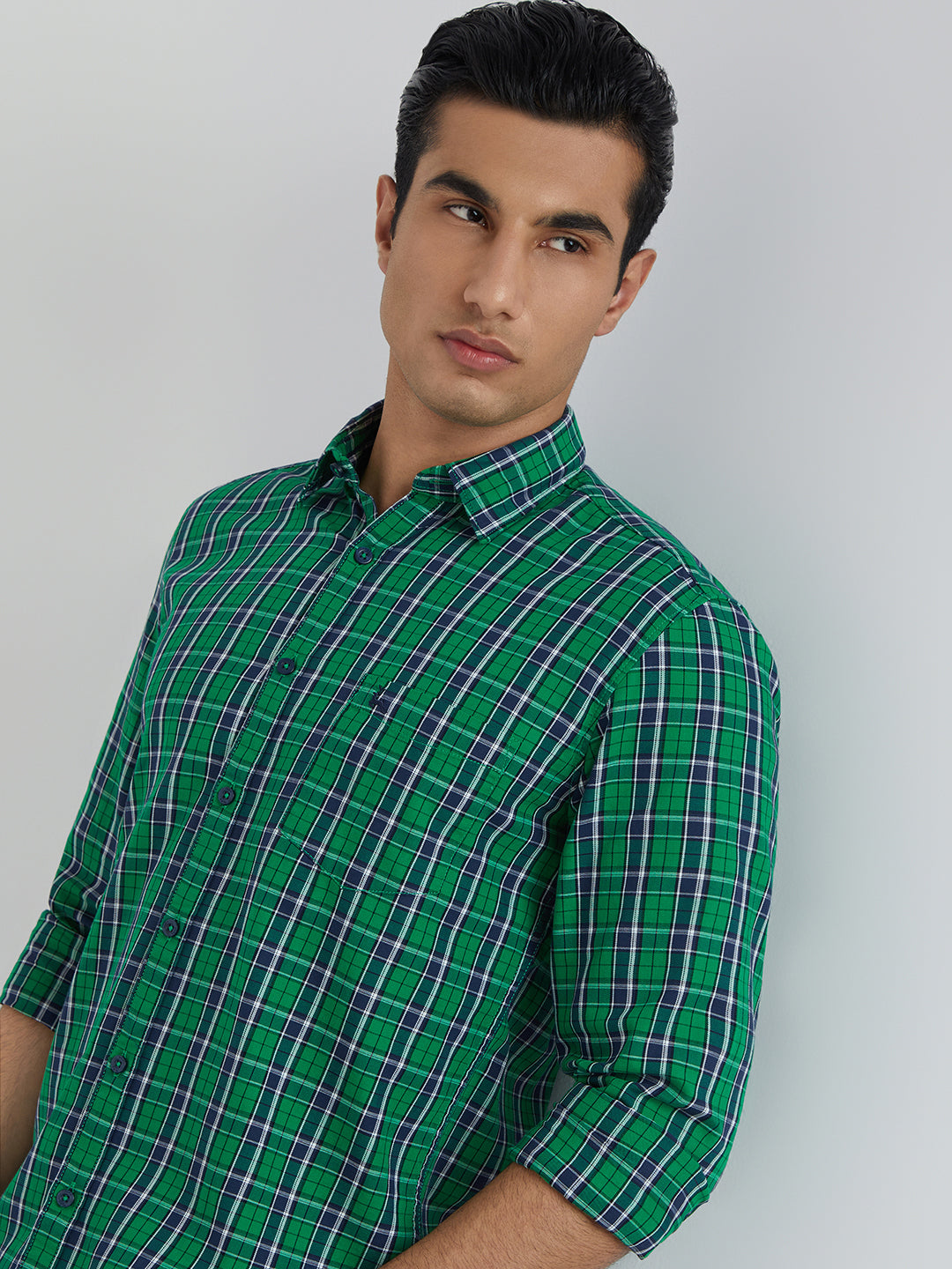 Parx Men Green Checks Slim Fit Cotton Full Sleeve Shirts