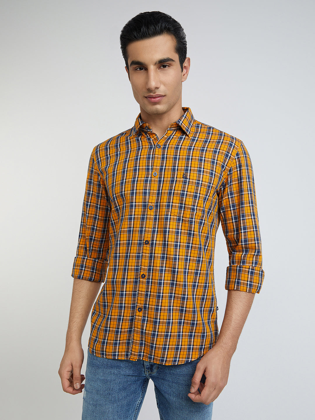 Parx Men Yellow Checks Slim Fit Cotton Full Sleeve Shirts