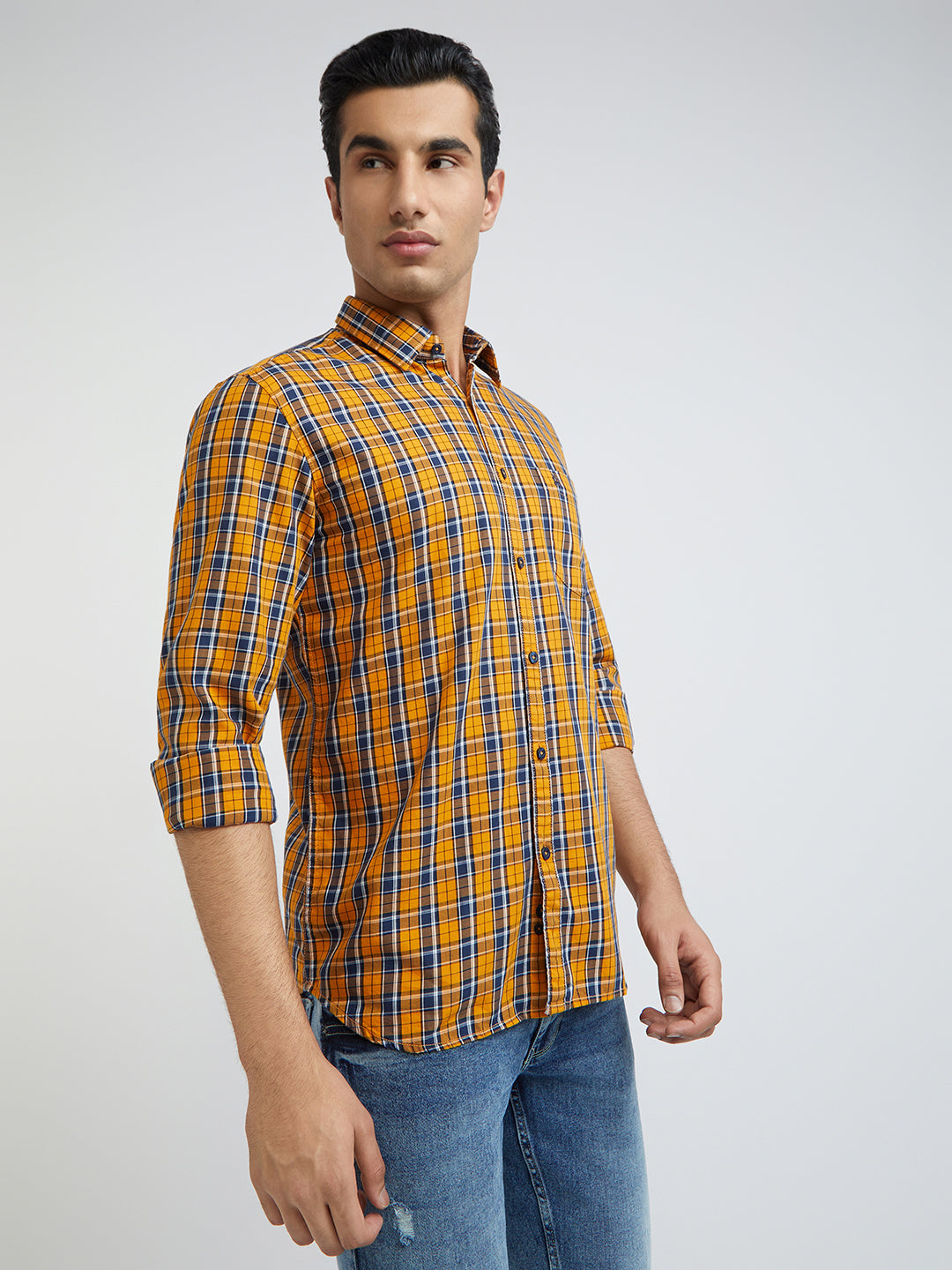 Parx Men Yellow Checks Slim Fit Cotton Full Sleeve Shirts