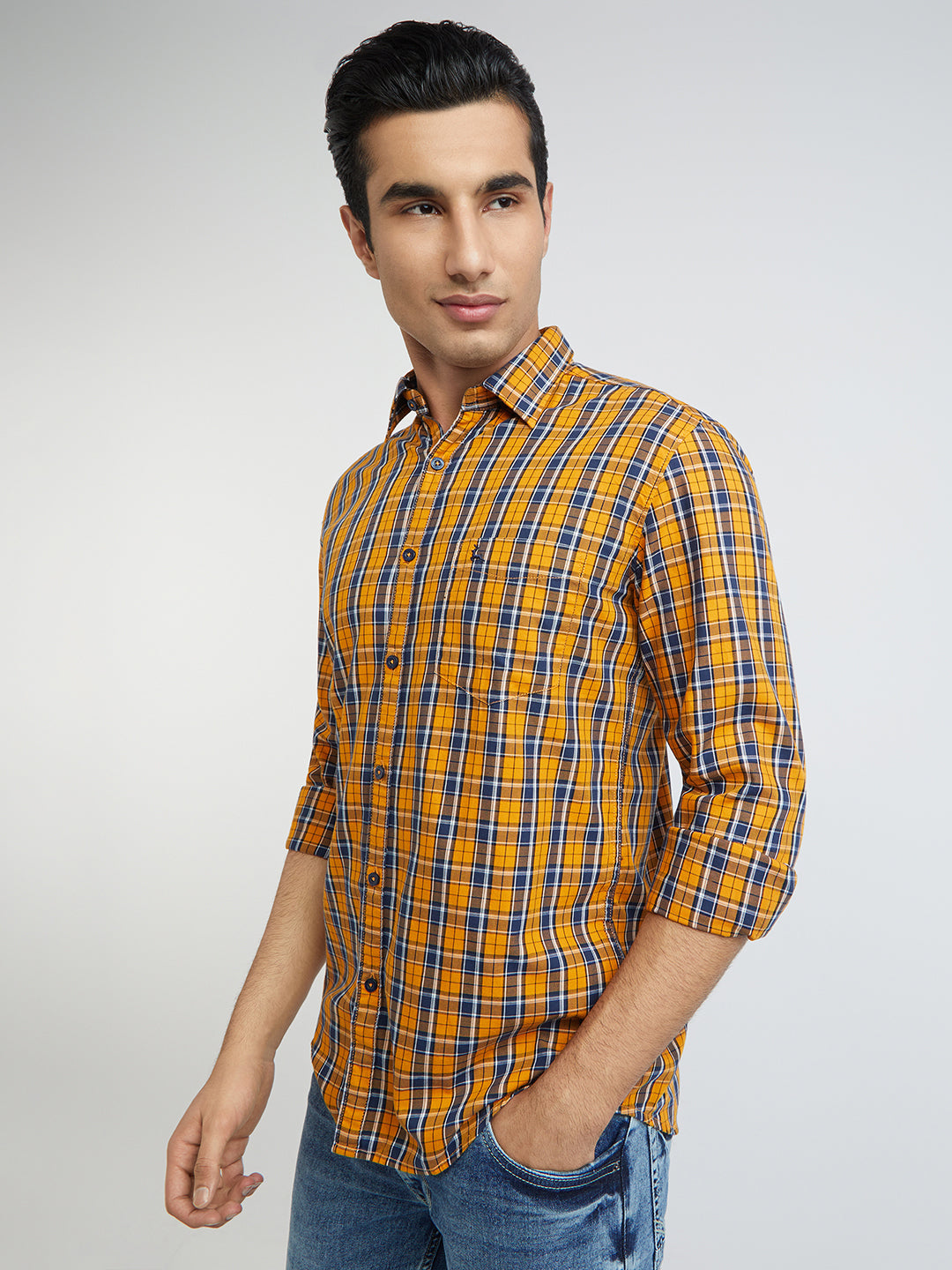 Parx Men Yellow Checks Slim Fit Cotton Full Sleeve Shirts