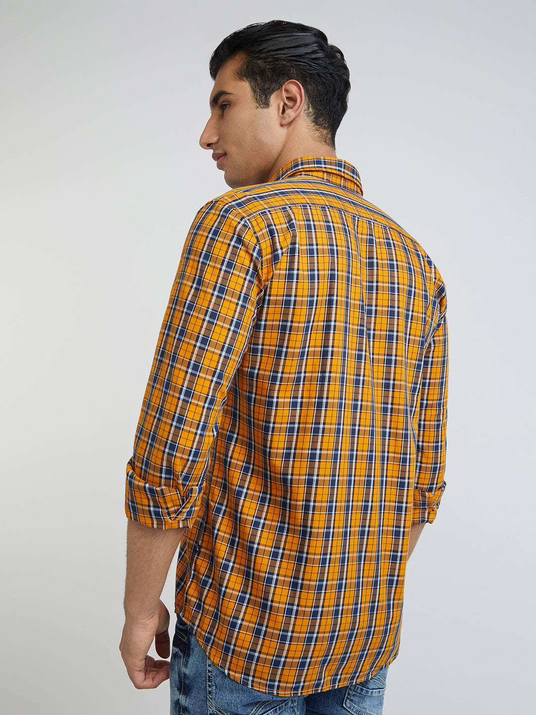 Parx Men Yellow Checks Slim Fit Cotton Full Sleeve Shirts