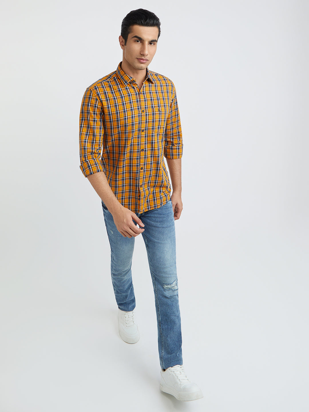 Parx Men Yellow Checks Slim Fit Cotton Full Sleeve Shirts