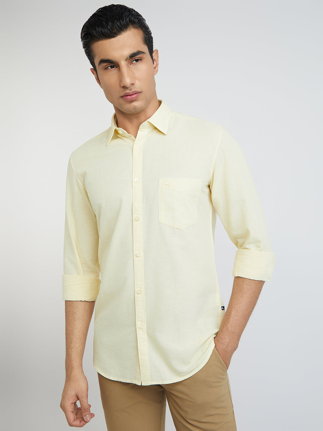 Parx Men Yellow Slim Fit Solid Cotton Full Sleeve Cutaway Collar Shirts