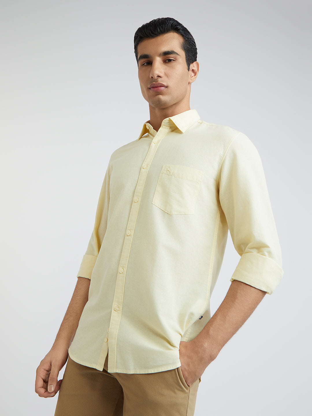 Parx Men Yellow Slim Fit Solid Cotton Full Sleeve Cutaway Collar Shirts