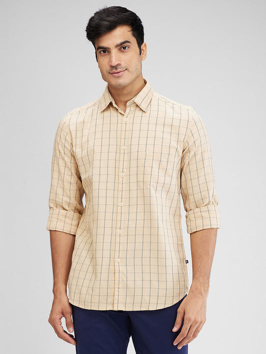 Parx Yellow Checks Slim Fit Cotton Casual Shirt