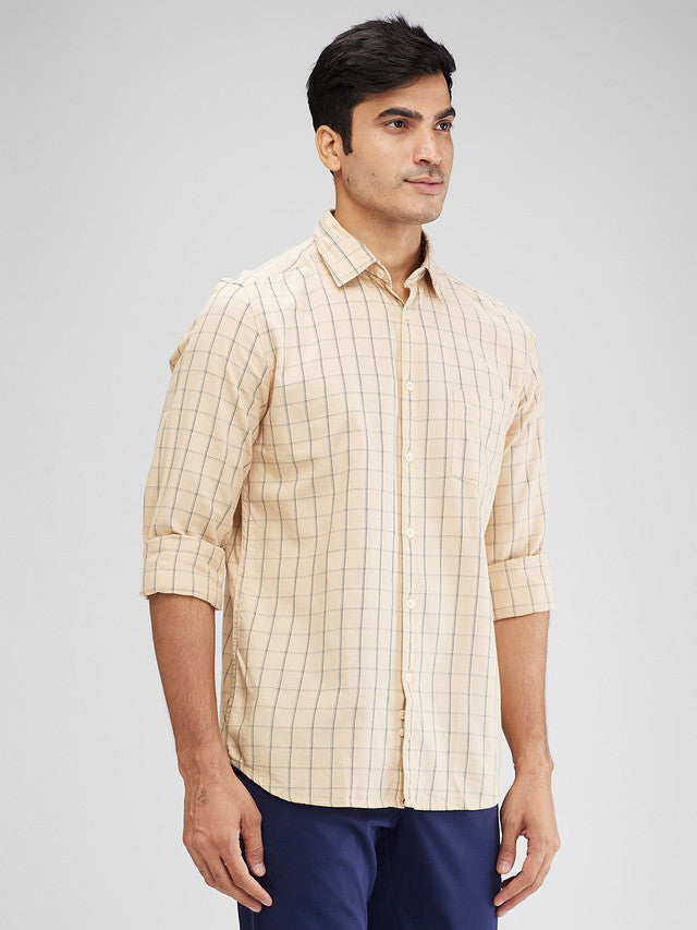 Parx Yellow Checks Slim Fit Cotton Casual Shirt