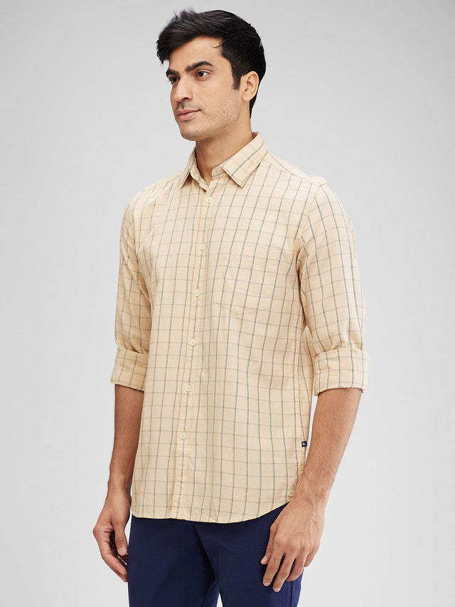 Parx Yellow Checks Slim Fit Cotton Casual Shirt