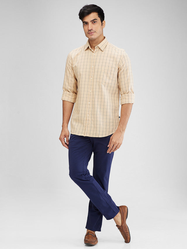 Parx Yellow Checks Slim Fit Cotton Casual Shirt