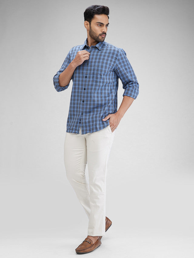 Parx Blue Checks Slim Fit Cotton Casual Shirt