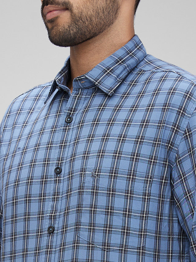 Parx Blue Checks Slim Fit Cotton Casual Shirt