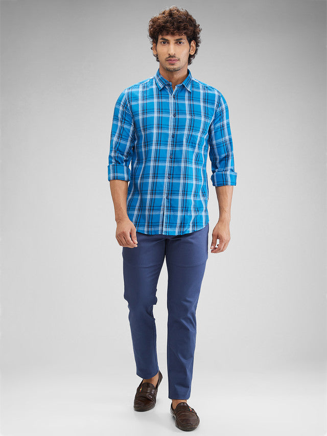 Parx Blue Checks Slim Fit Cotton Casual Shirt