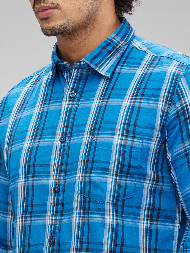 Parx Blue Checks Slim Fit Cotton Casual Shirt