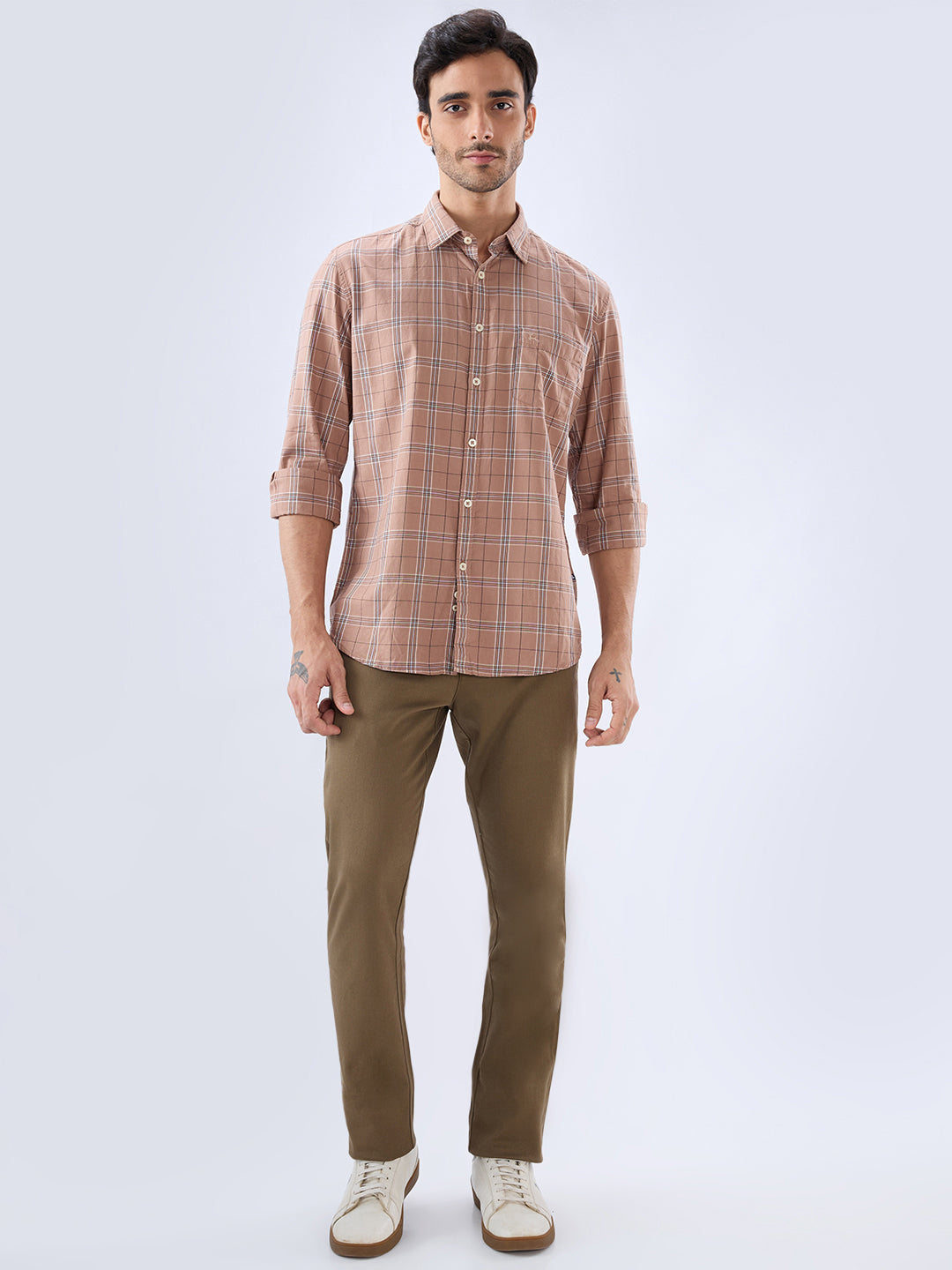 Parx Men Brown Slim Fit Checks Casual Shirt