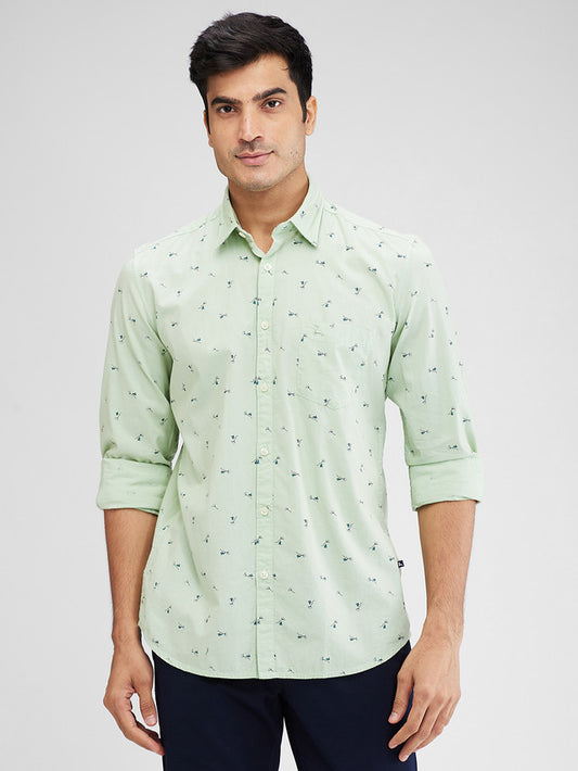 Parx Green Printed Slim Fit Cotton Casual Shirt