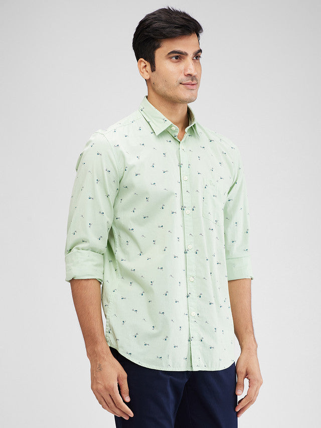 Parx Green Printed Slim Fit Cotton Casual Shirt