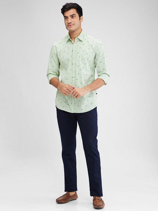 Parx Green Printed Slim Fit Cotton Casual Shirt