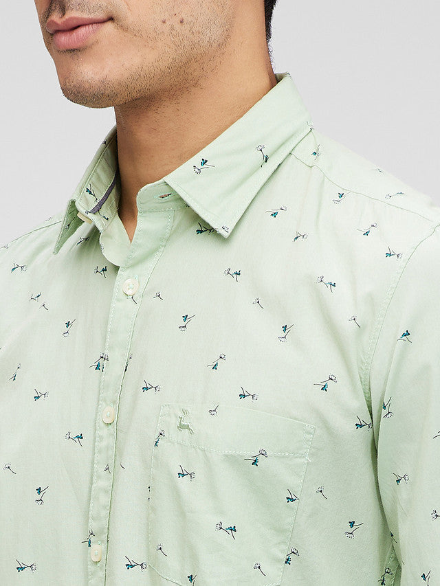 Parx Green Printed Slim Fit Cotton Casual Shirt