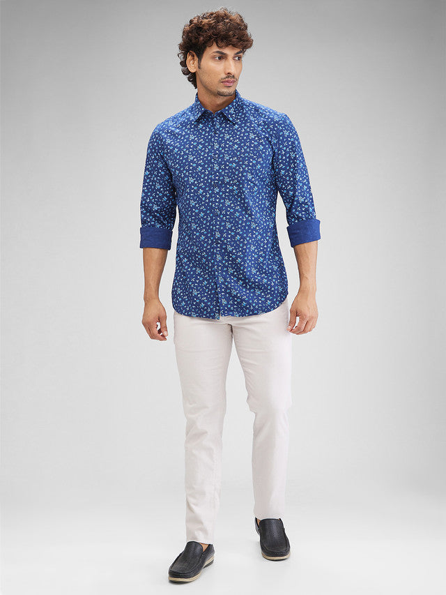 Parx Blue Printed Slim Fit Cotton Casual Shirt