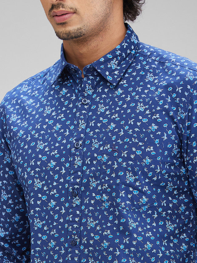 Parx Blue Printed Slim Fit Cotton Casual Shirt