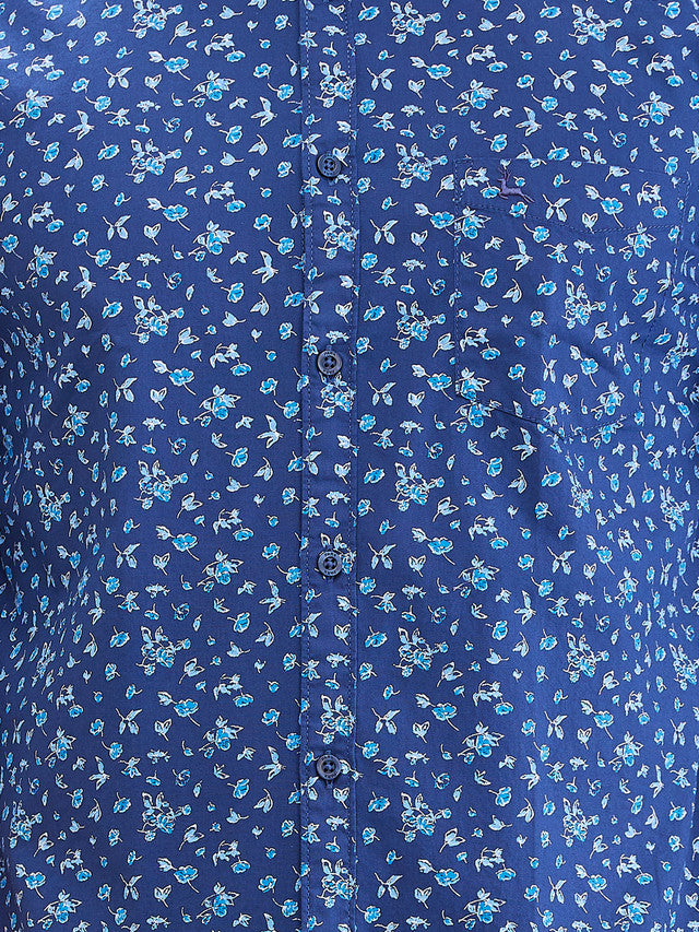 Parx Blue Printed Slim Fit Cotton Casual Shirt