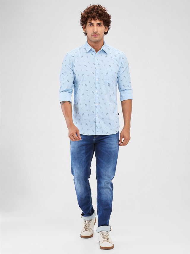 Parx Blue Solid Slim Fit Cotton Casual Shirt