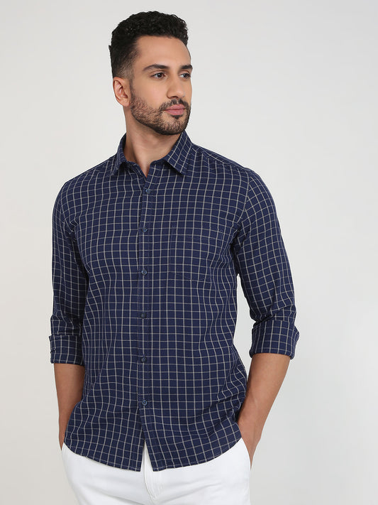 Parx Men Blue Checks Slim Fit Cotton Casual Shirt