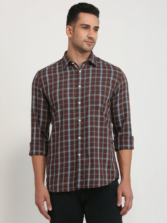 Parx Men Brown Checks Slim Fit Cotton Casual Shirt