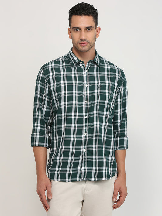 Parx Men Green Checks Slim Fit Cotton Casual Shirt