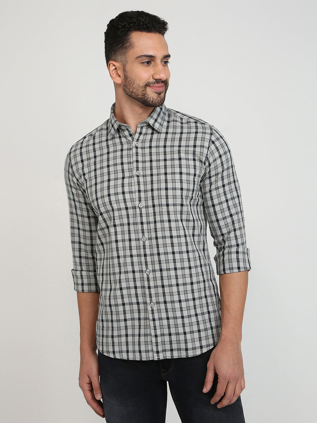 Parx Men Grey Checks Slim Fit Cotton Casual Shirt
