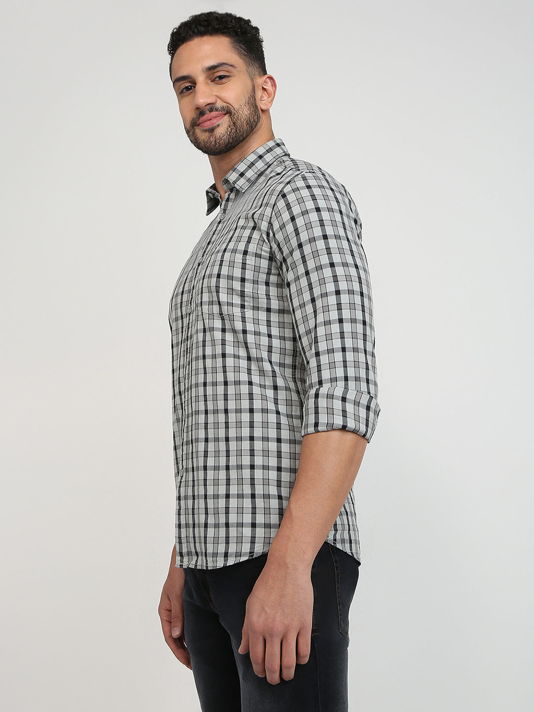 Parx Men Grey Checks Slim Fit Cotton Casual Shirt