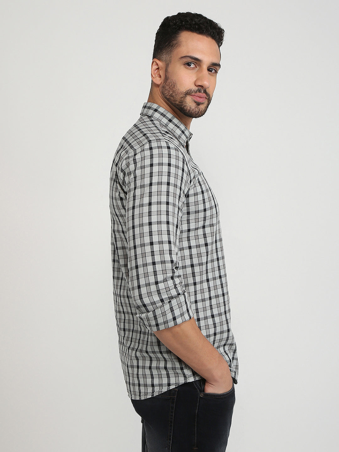 Parx Men Grey Checks Slim Fit Cotton Casual Shirt