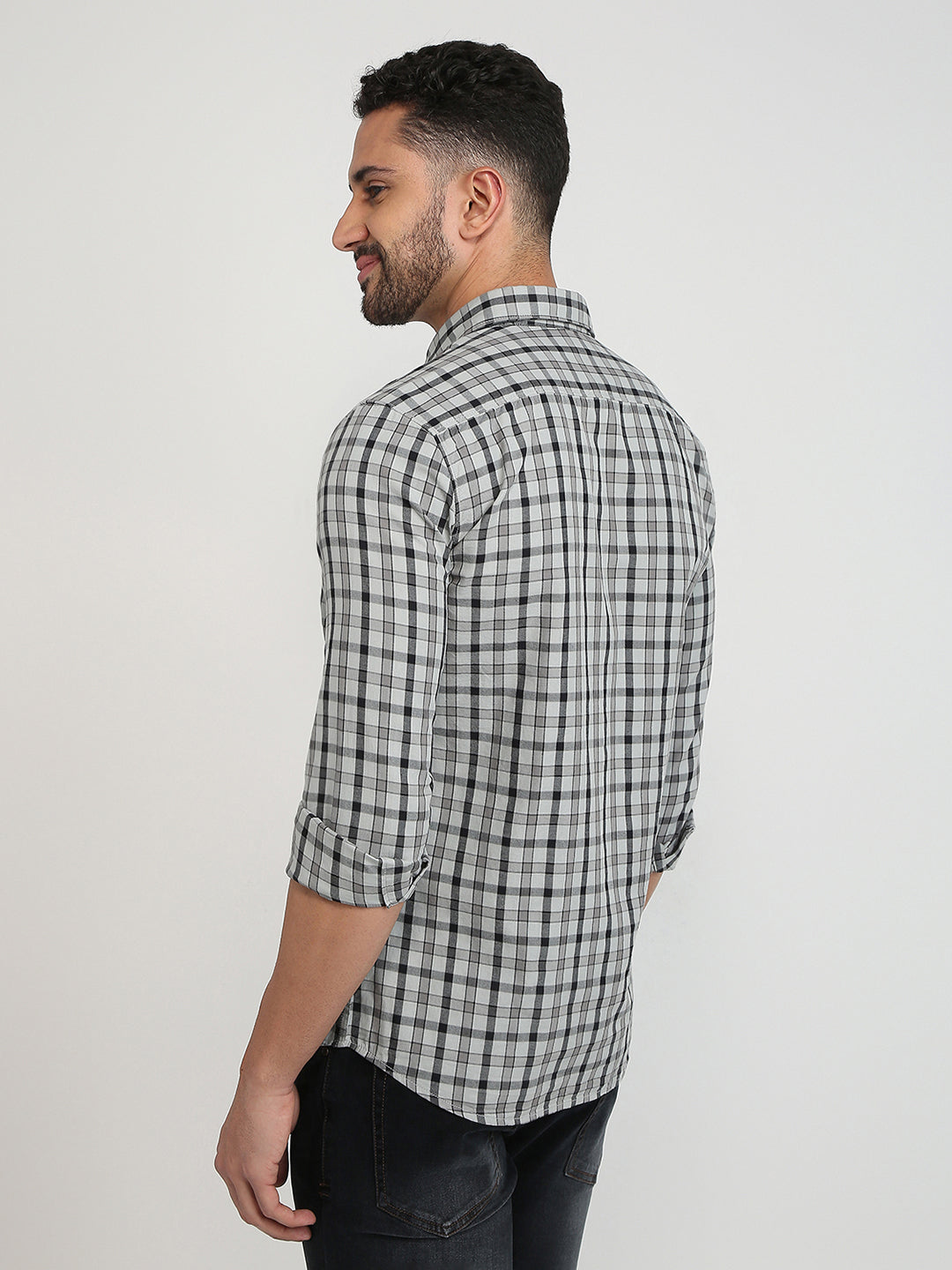 Parx Men Grey Checks Slim Fit Cotton Casual Shirt