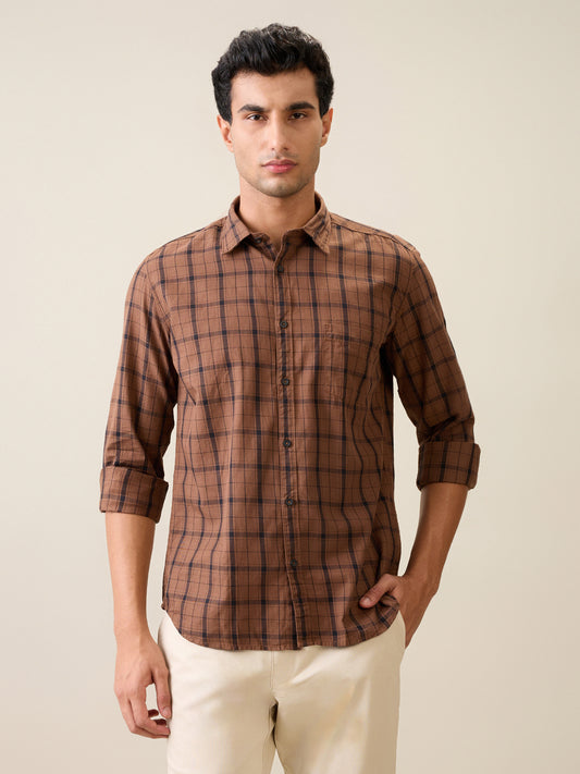 Parx Men Brown Checks Slim Fit Cotton Casual Shirt