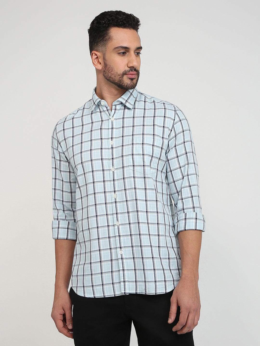 Parx Men Blue Checks Slim Fit Cotton Casual Shirt