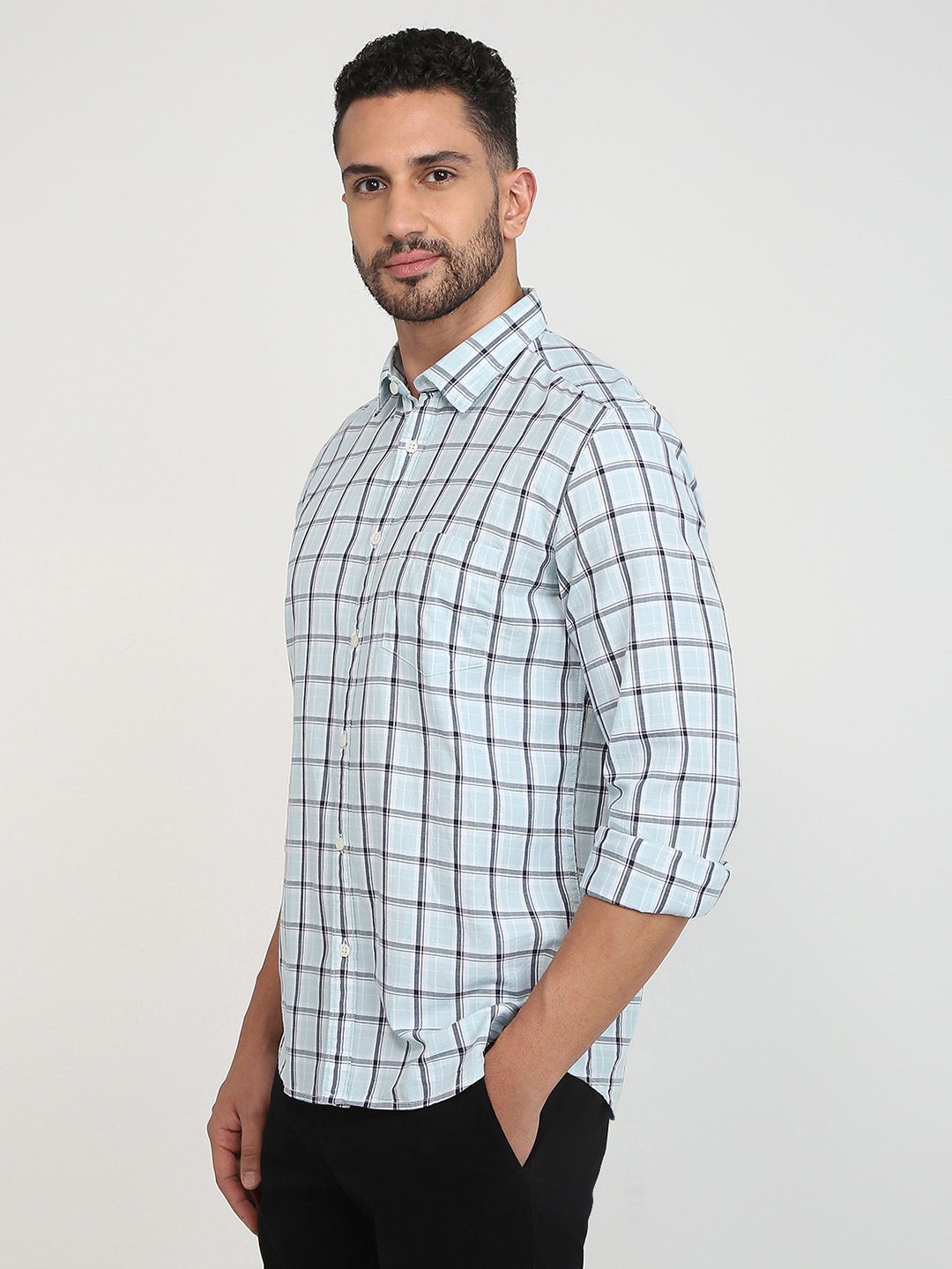Parx Men Blue Checks Slim Fit Cotton Casual Shirt
