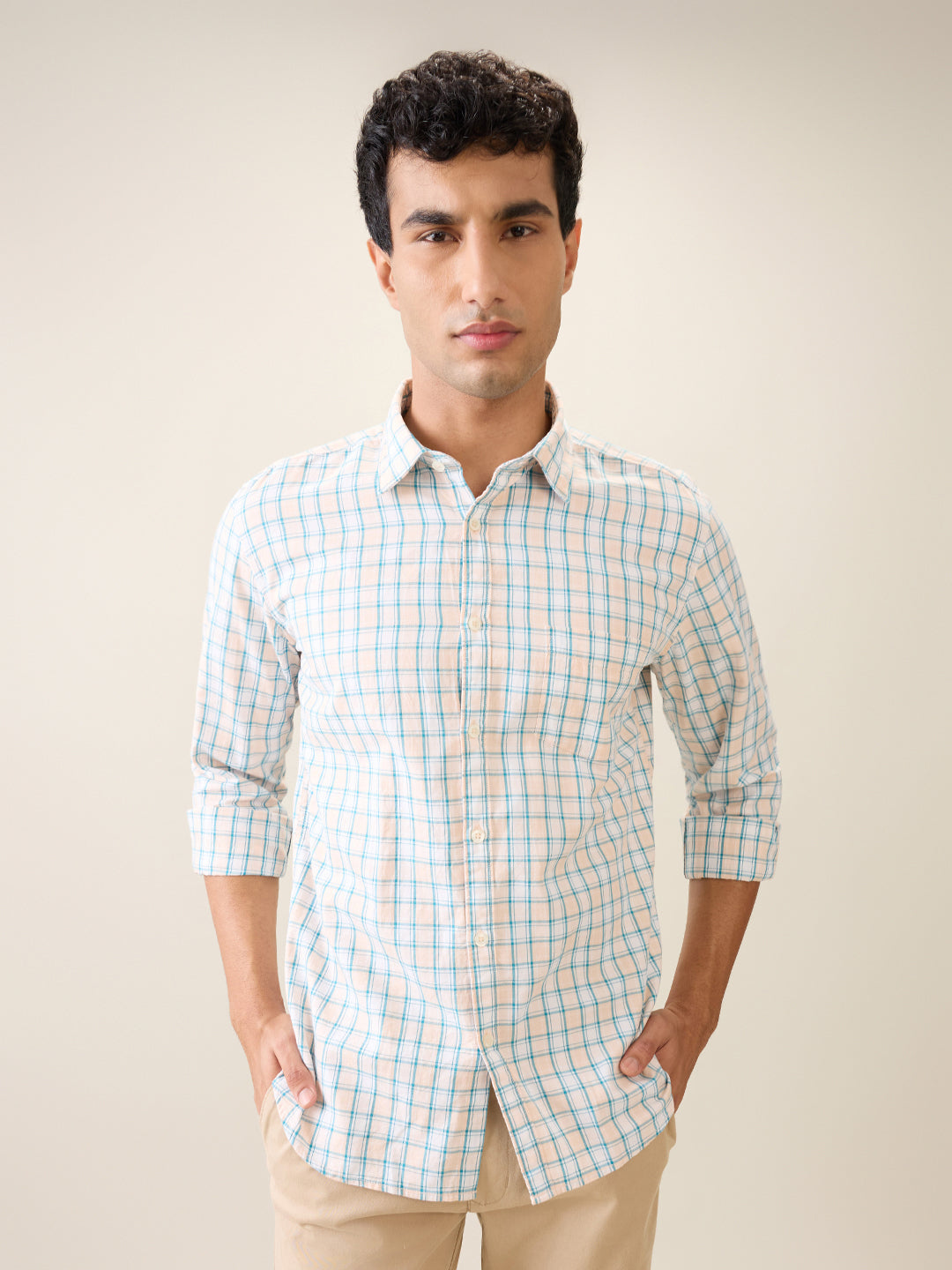 Parx Men Orange Checks Slim Fit Cotton Casual Shirt