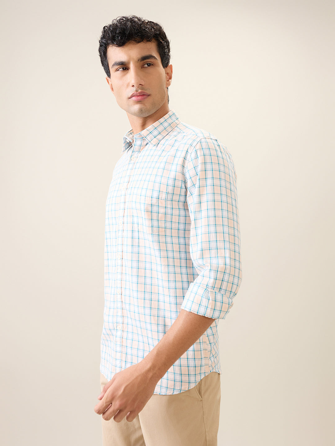 Parx Men Orange Checks Slim Fit Cotton Casual Shirt