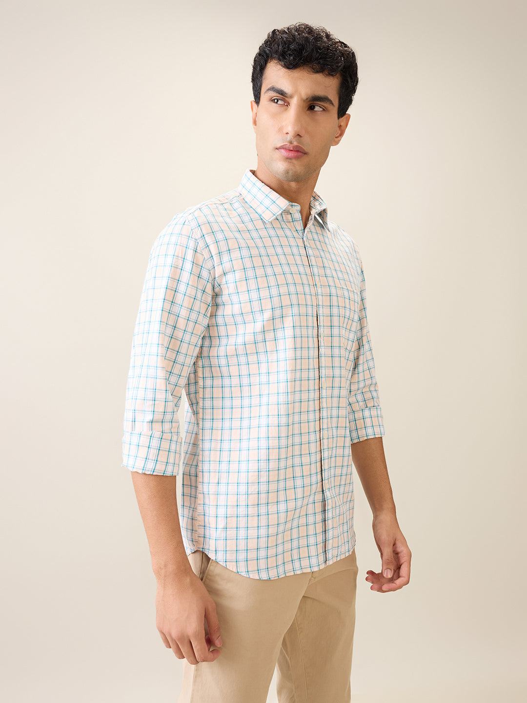 Parx Men Orange Checks Slim Fit Cotton Casual Shirt
