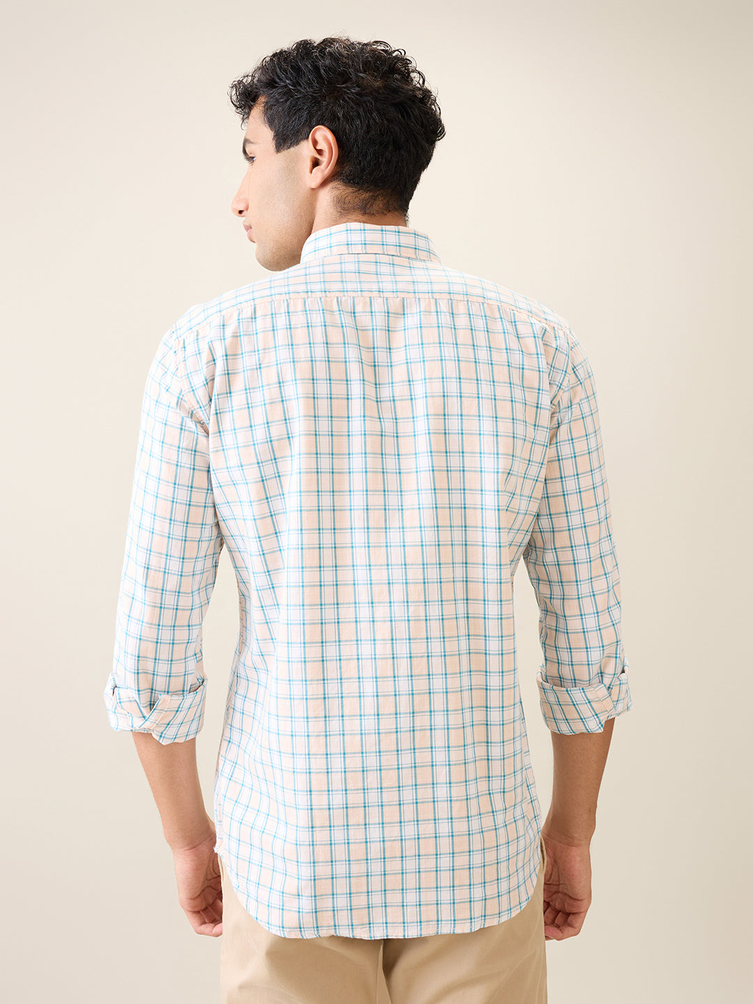 Parx Men Orange Checks Slim Fit Cotton Casual Shirt