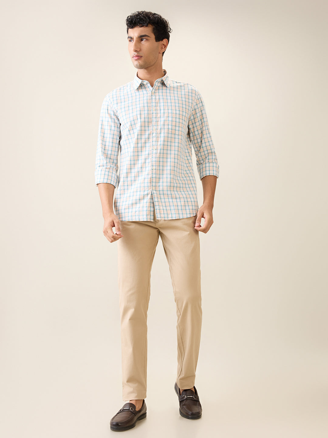 Parx Men Orange Checks Slim Fit Cotton Casual Shirt
