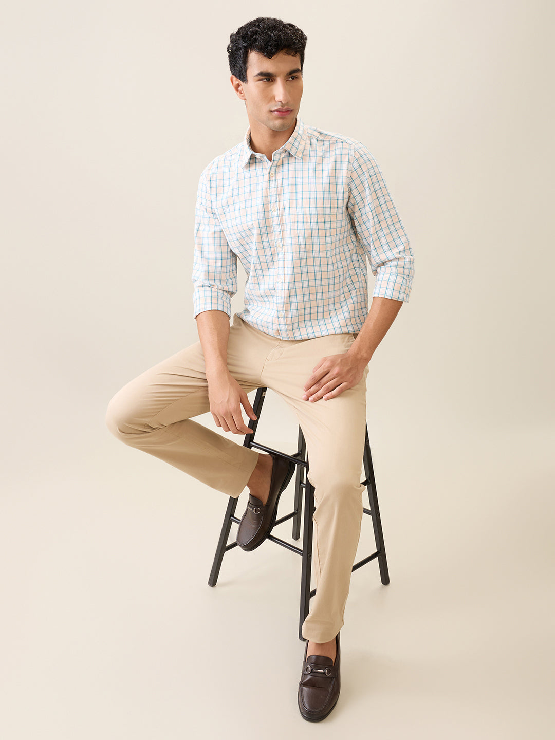 Parx Men Orange Checks Slim Fit Cotton Casual Shirt
