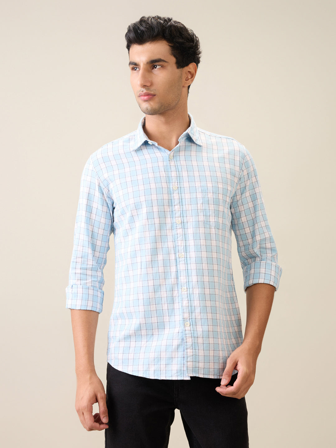 Parx Men Blue Checks Slim Fit Cotton Casual Shirt