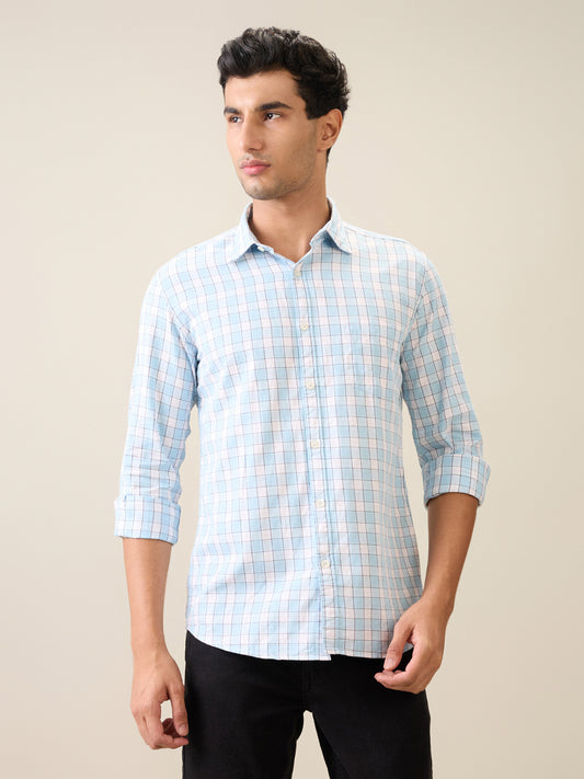 Parx Men Blue Checks Slim Fit Cotton Casual Shirt