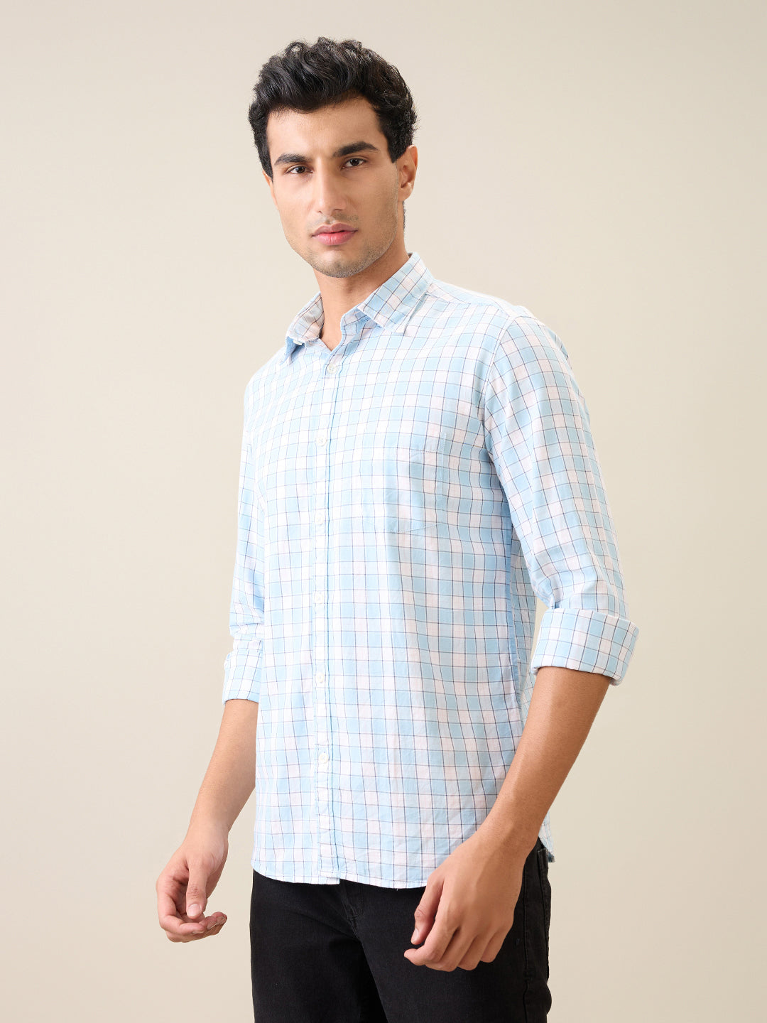 Parx Men Blue Checks Slim Fit Cotton Casual Shirt