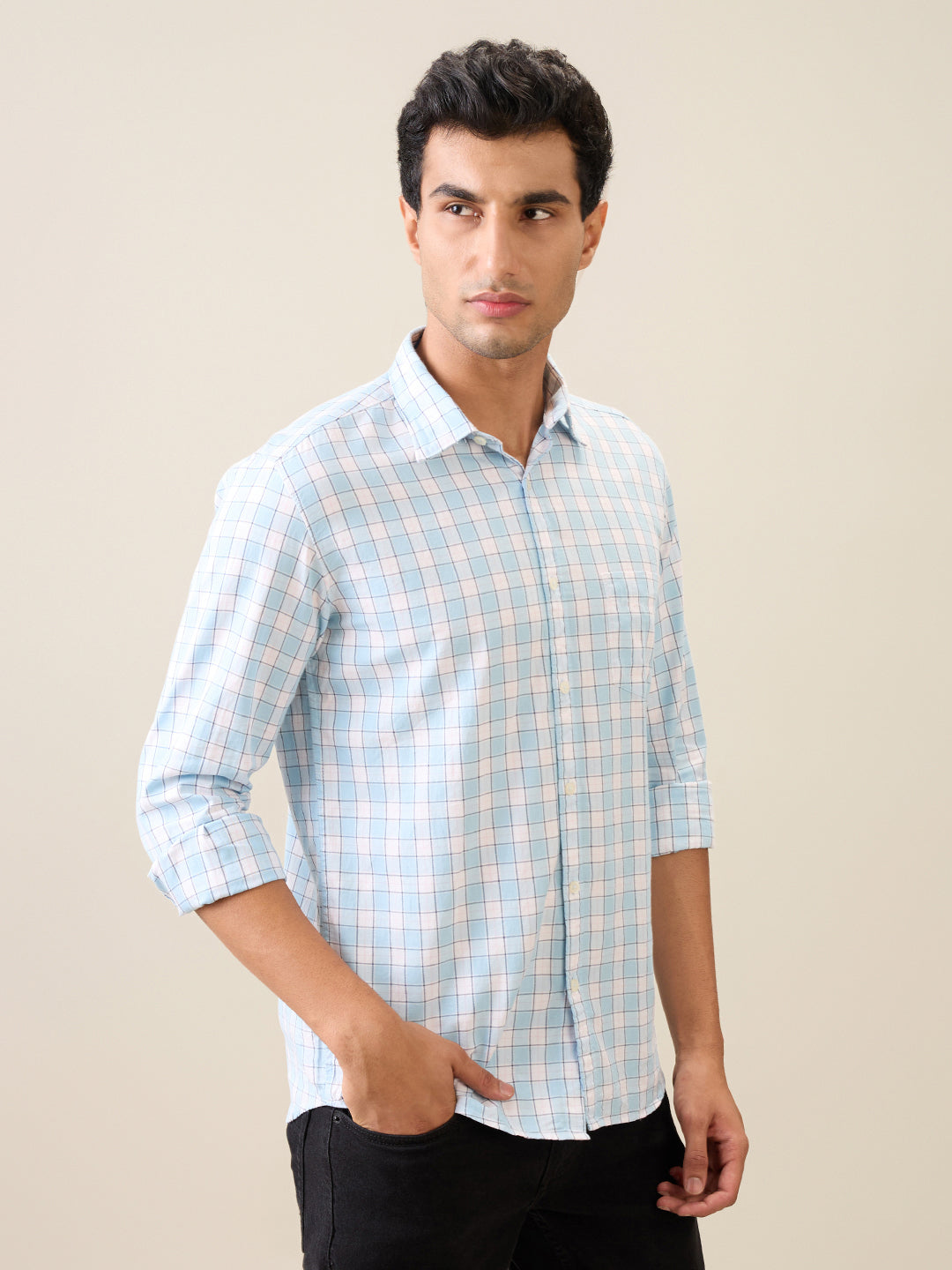Parx Men Blue Checks Slim Fit Cotton Casual Shirt