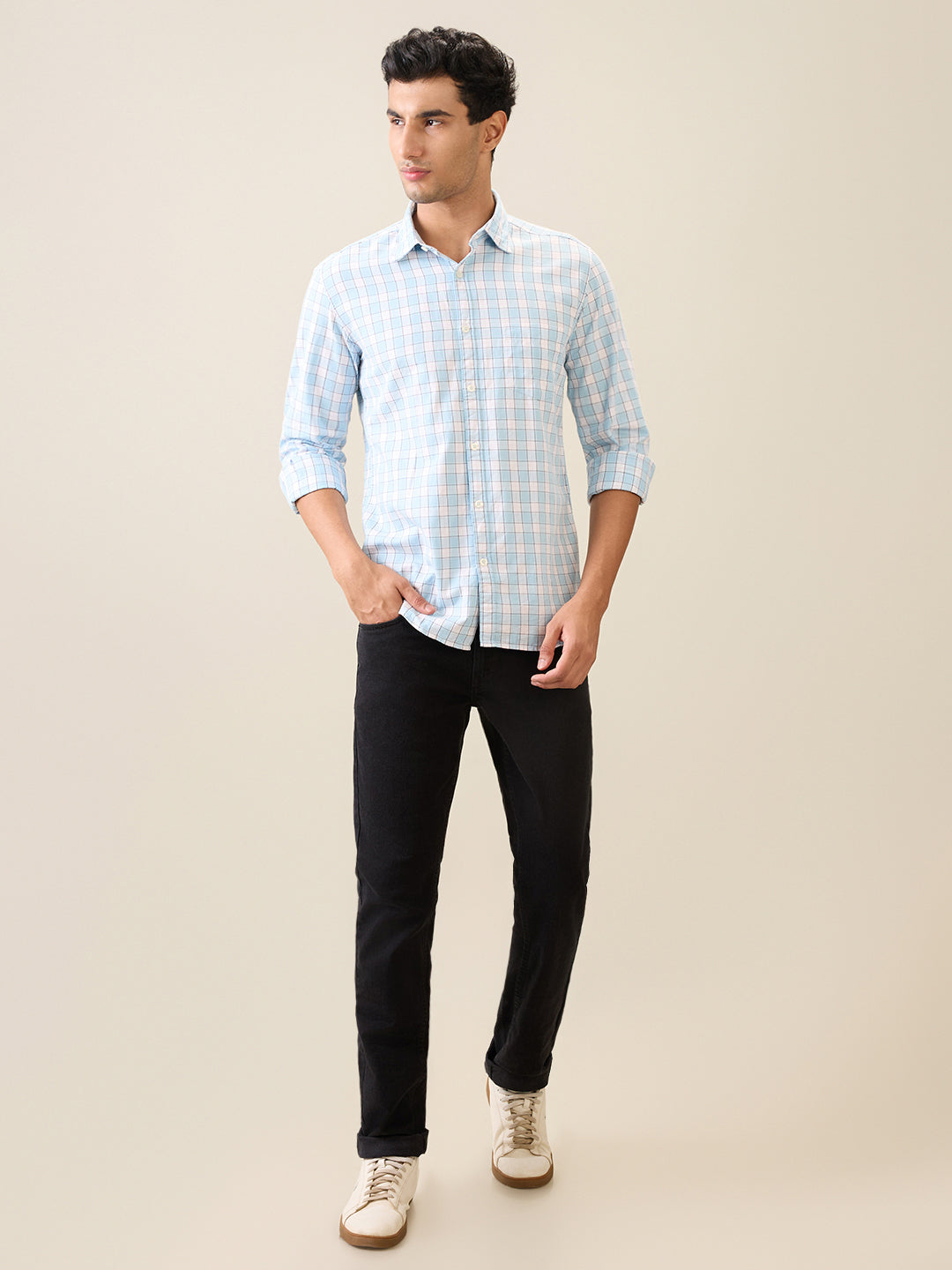 Parx Men Blue Checks Slim Fit Cotton Casual Shirt