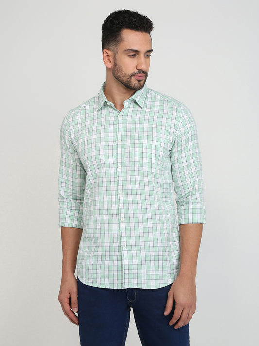 Parx Men Green Checks Slim Fit Cotton Casual Shirt
