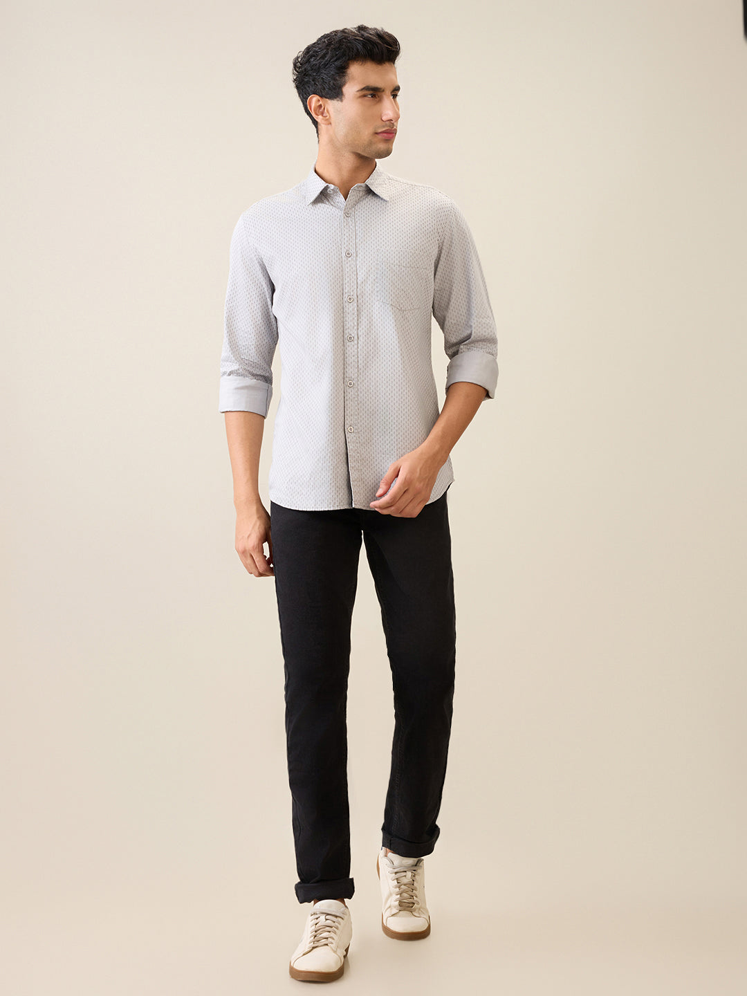 Parx Men Grey Printed Slim Fit Cotton Casual Shirt